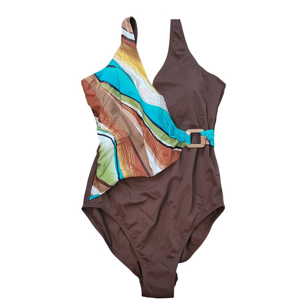 Islander Womens 16 One Piece Swimsuit Brown Abstract Print Buckle V-Neck Resort